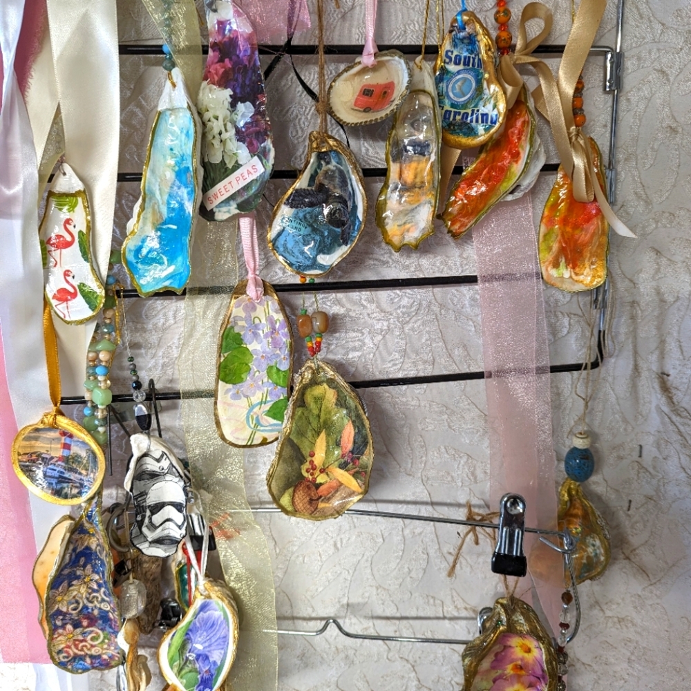 Custom Orders Handcrafted & decoupaged Oyster Clam shells florals animals Maps